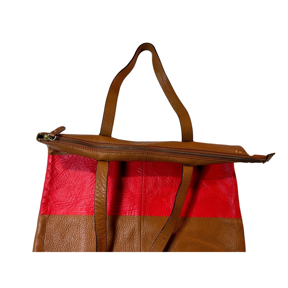GAP Leather Tote Bag Brown‎ Red Colorblock Zip Top Shoulder Purse Large Carryall - Picture 6 of 10